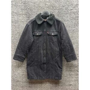 Levi's Premium Longline Padded Faux Fur Denim Trucker Jacket Black Womens Size S